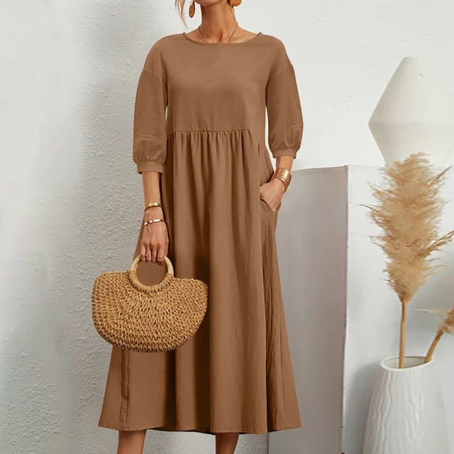 Round Neck Three Quarter Sleeve Babydoll Pocket Midi Dress 4