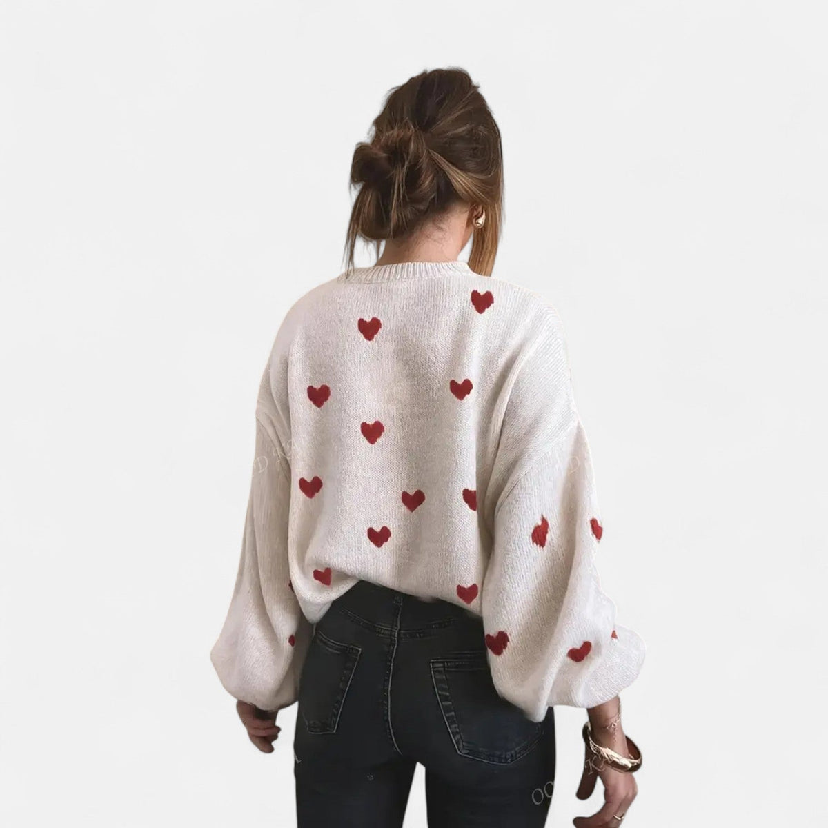 Round Neck Heart Motif Knit Long Sleeve Sweater