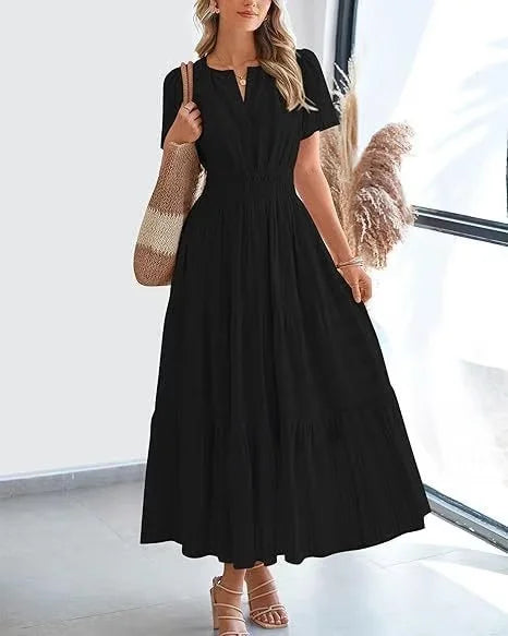 v-neck pleated puff sleeve dress black