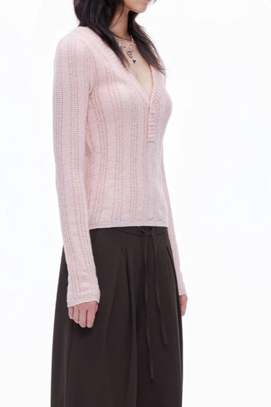 Openwork Wool Blend VNeck Knit Top