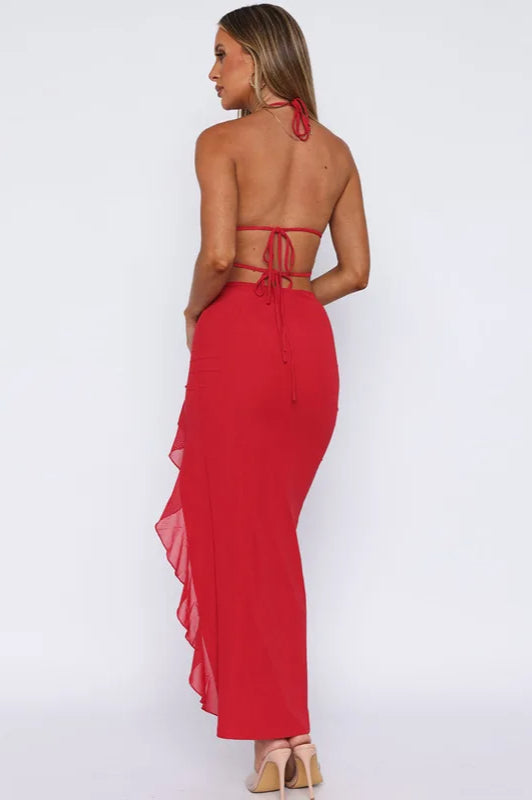 Ruffle V Neck Patchwork Midi Dress