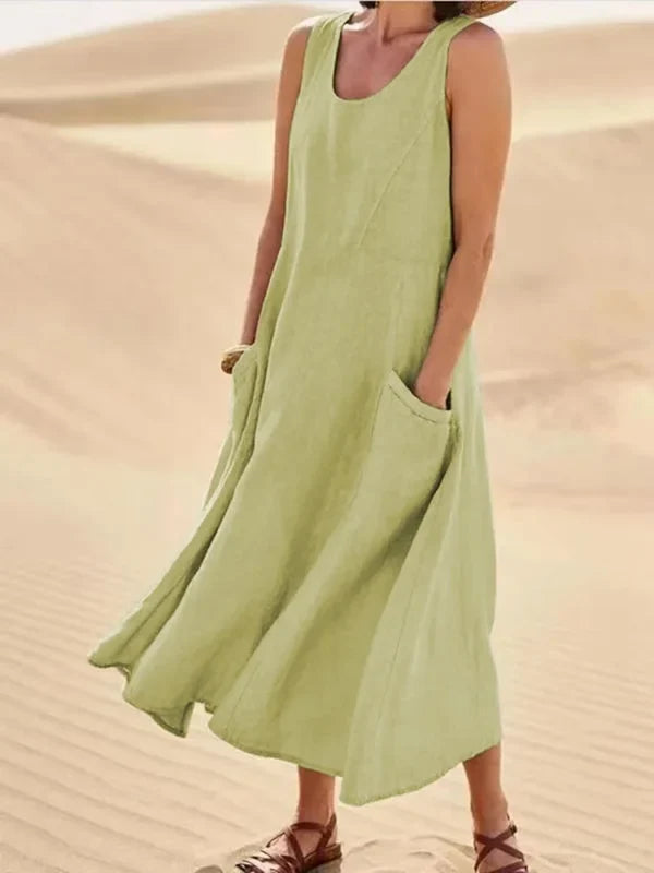 Round Neck Sleeveless Linen Pocket A-Line Midi Dress 6
