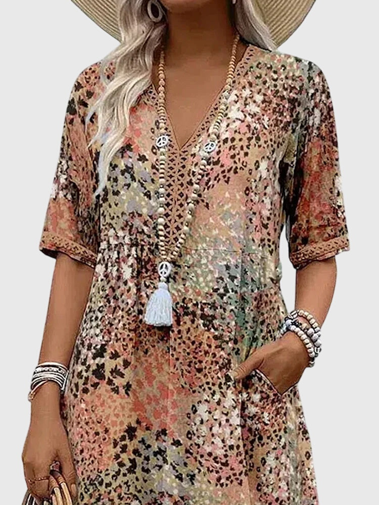 V-Neck Crochet Trim Short Sleeve Floral Print A-Line Midi Dress