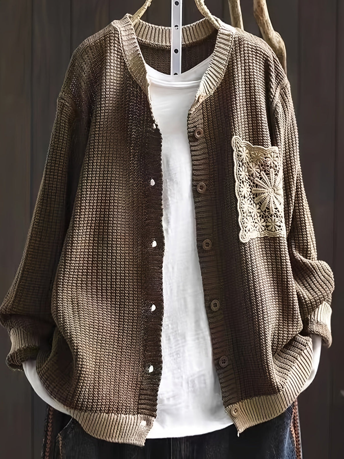 Dark Brown Round Neck Waffle Knit Lace Pocket Button Front Long Sleeve Cardigan