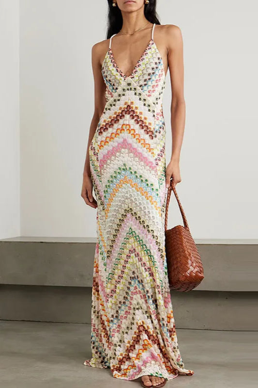 Contrast Color V-neck Sleeveless Slim Maxi Dress