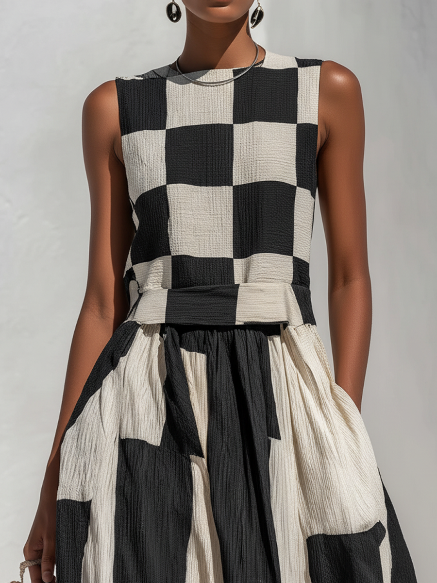 White Black Round Neck Checkerboard Stripe Sleeveless Flowy Maxi Dress 4