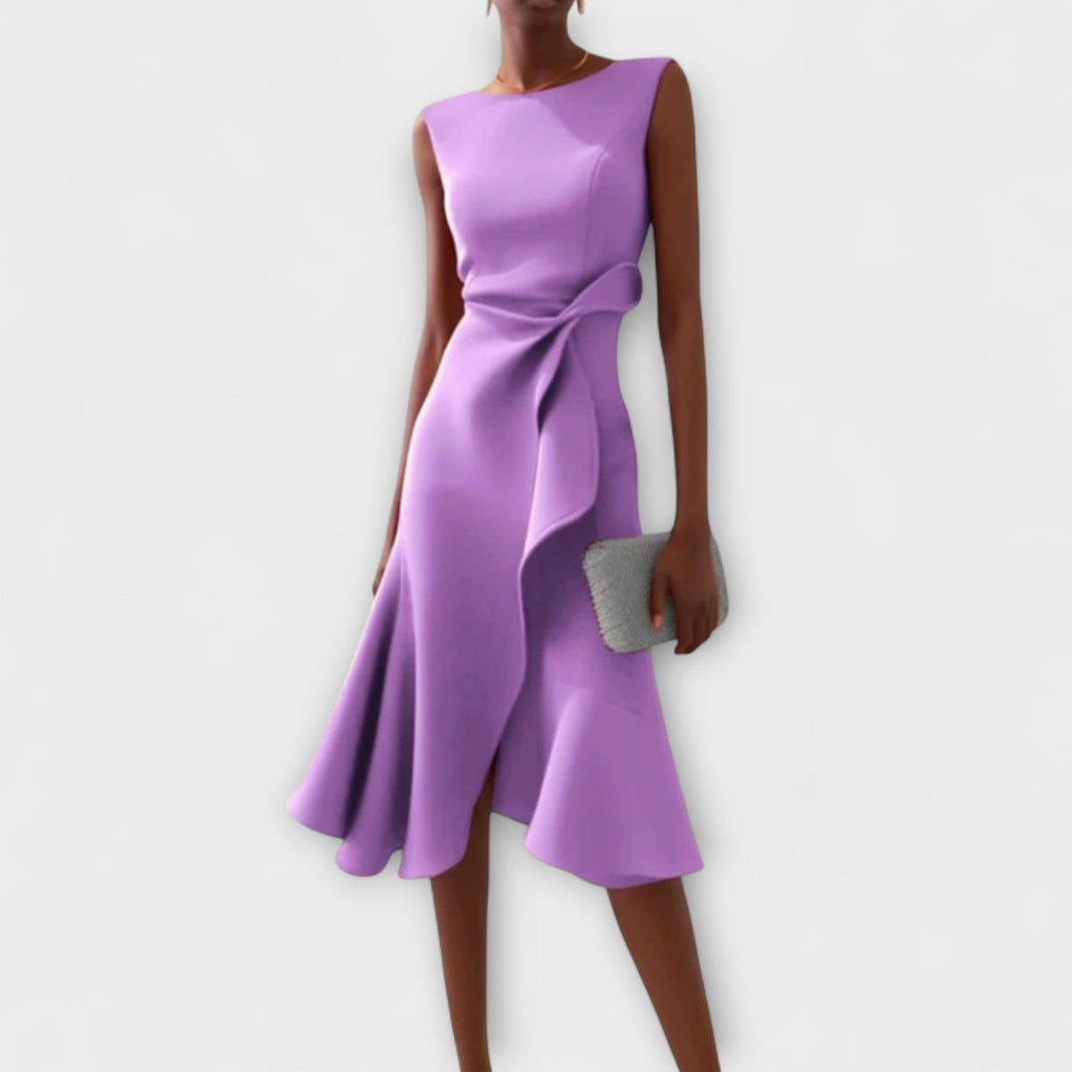 Boat Neck Sleeveless Twist Waist Ruffle Asymmetric Bodycon Midi Dress