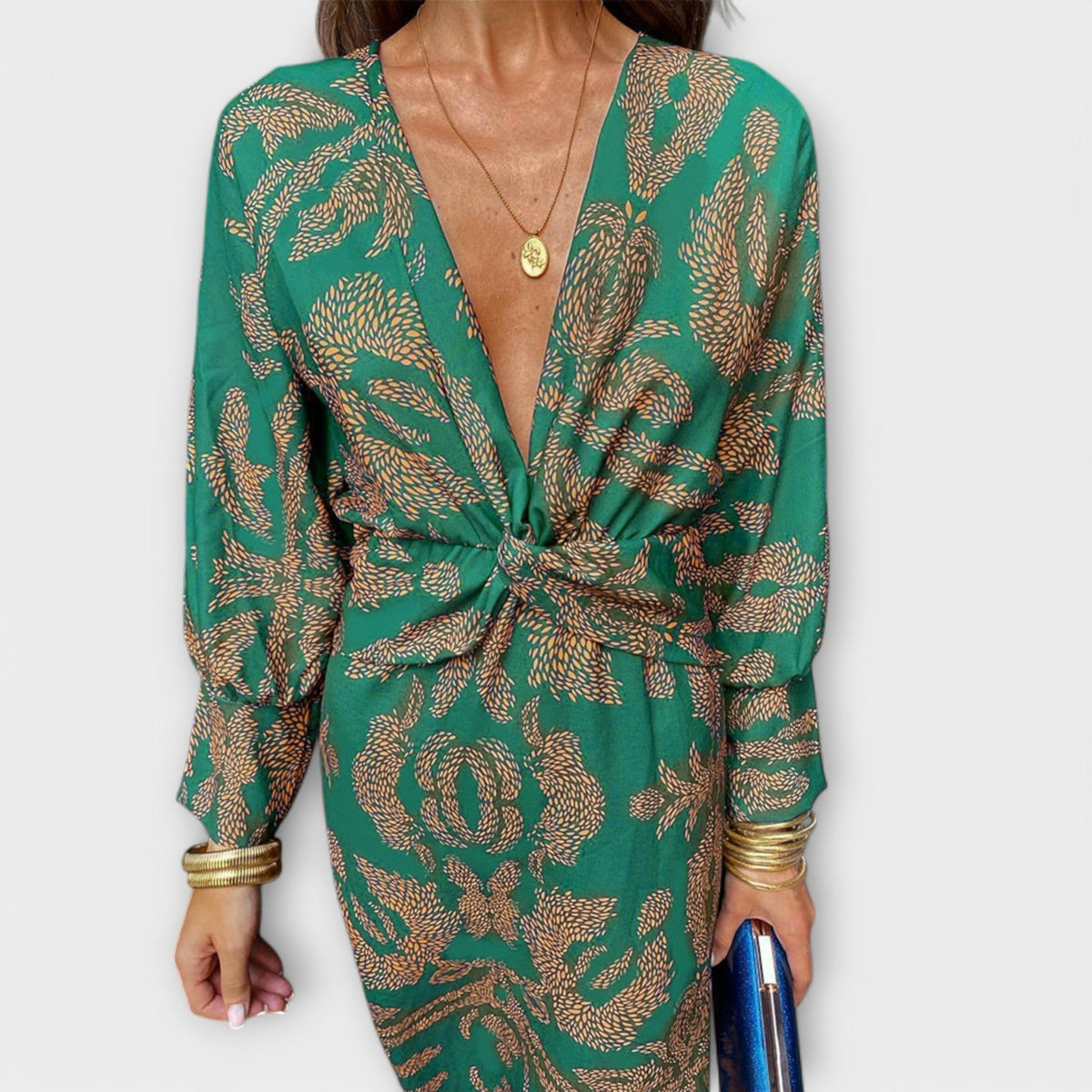 Deep V-Neck Twist Front Printed Long Sleeve Bodycon Midi Dress