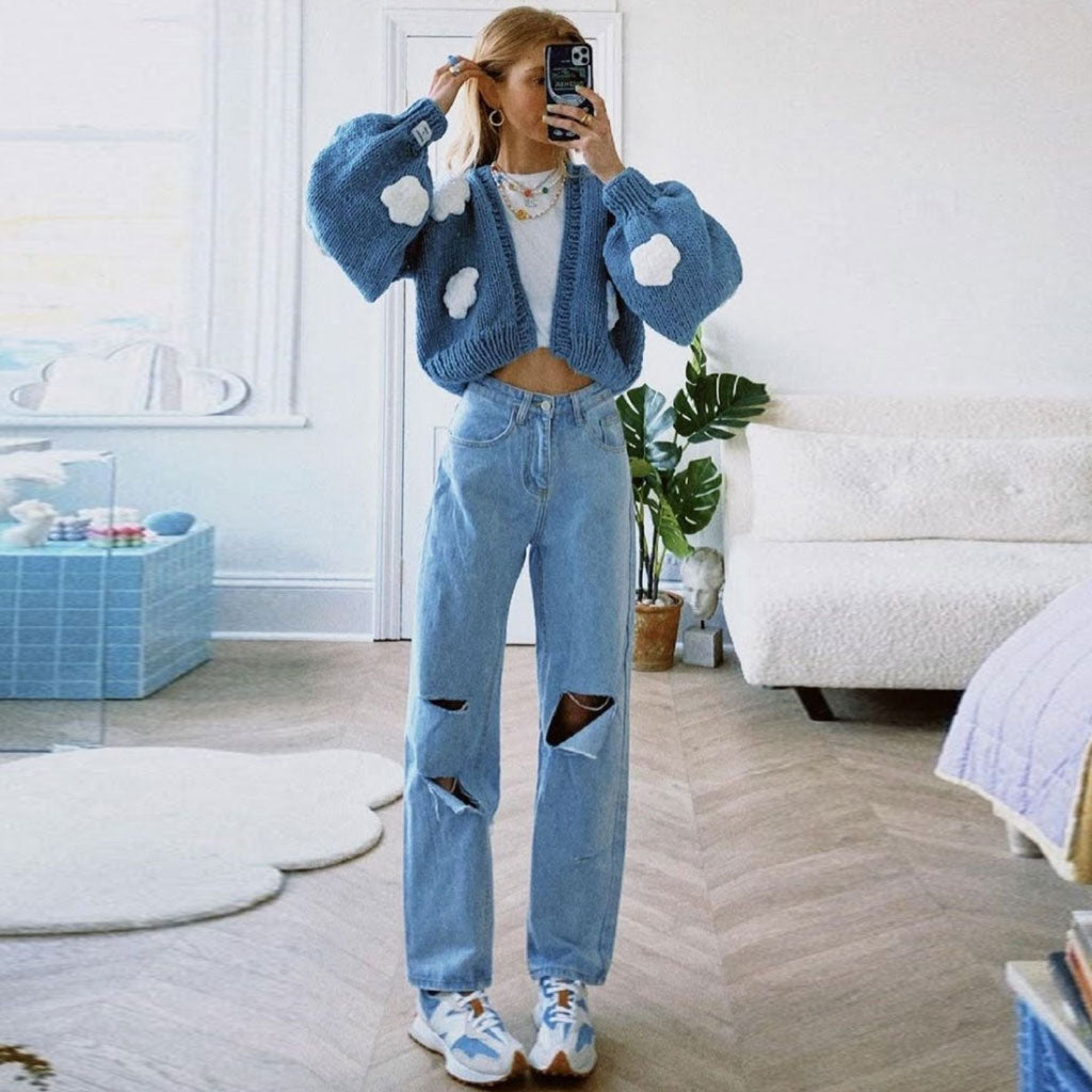 Blue Open Front Bishop Sleeve Cloud Applique Chunky Knit Cardigan
