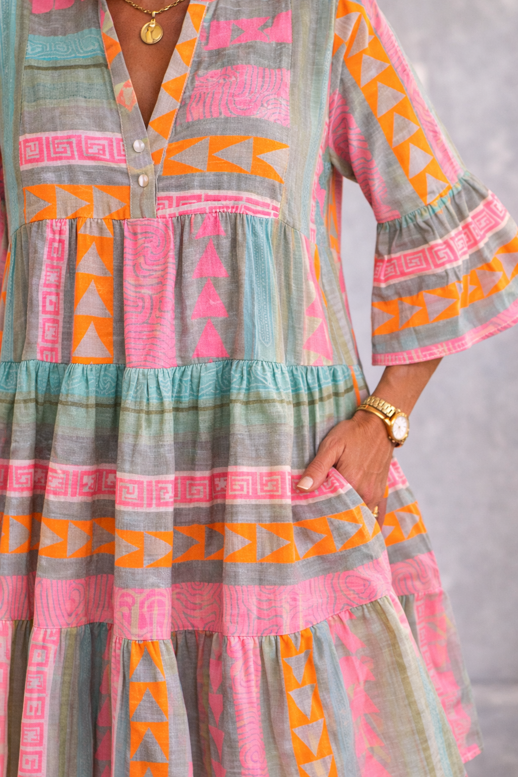 Pink Split Neck Geometric Print Bell Sleeve Tiered Mini Dress 4