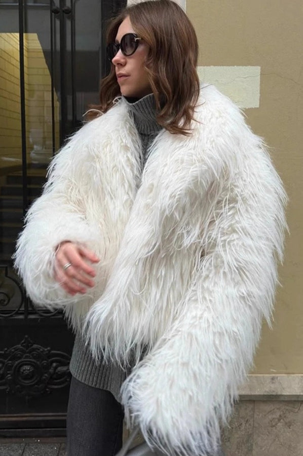 White Faux Fur Lapel Coat