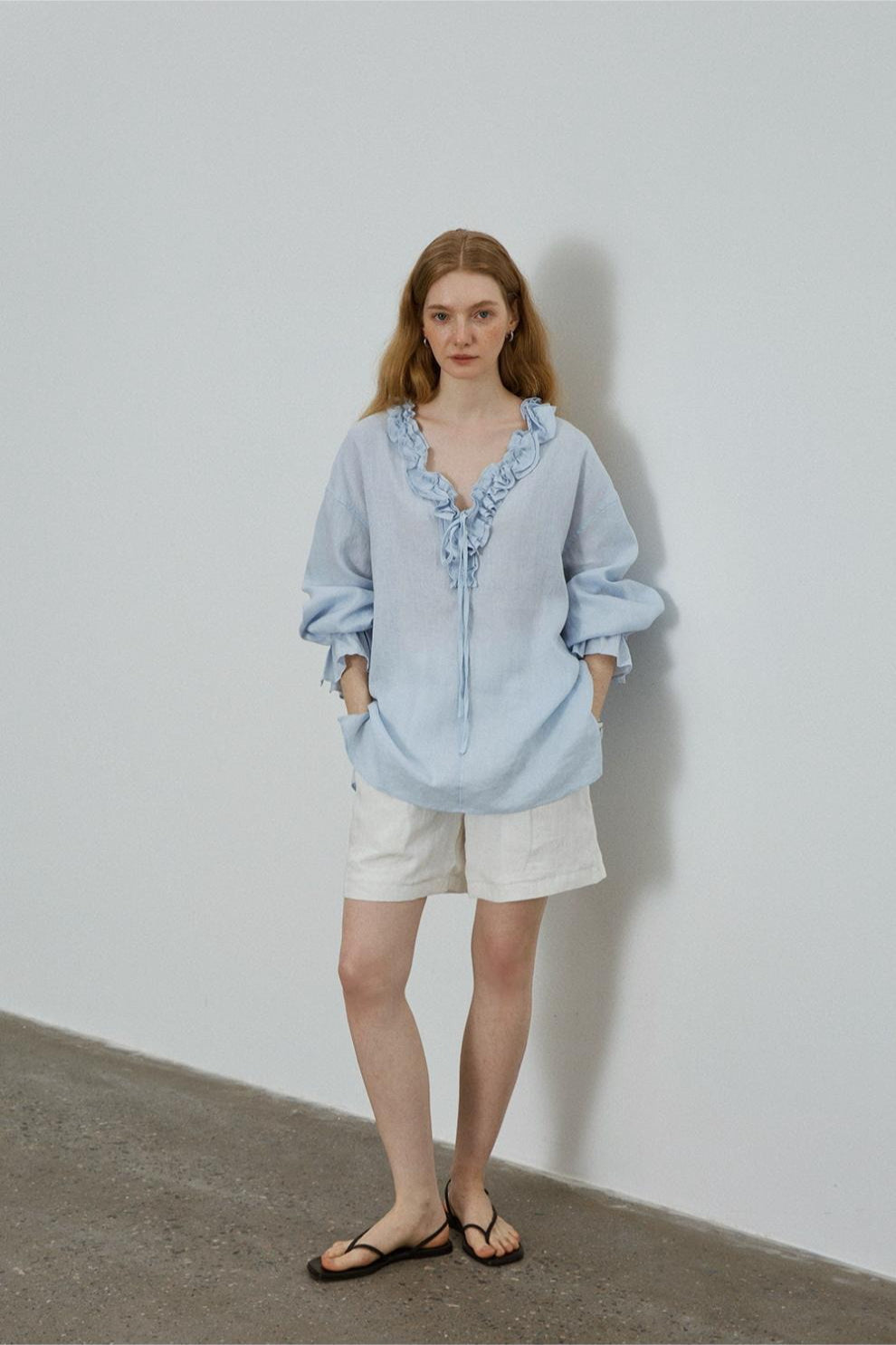 Linen Ruffle Tie Front Blouse