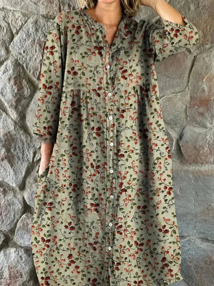 Khaki Button-Front Ditsy Floral Long Sleeve Tiered Pocket Shirt Dress