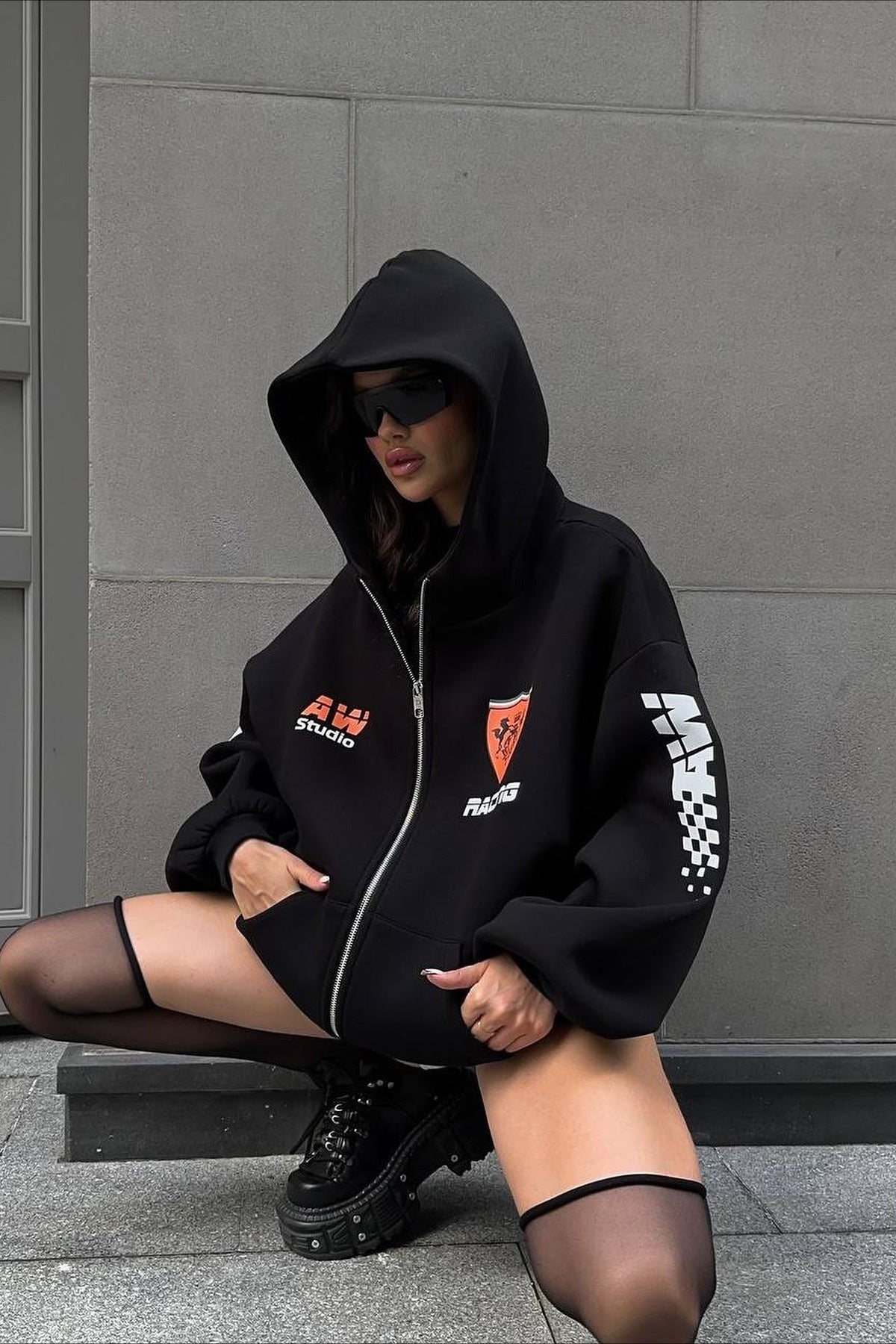 Oversized Zip-Up Logo Letter Print Hoodie