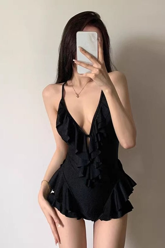Sexy Solid Backless Deep V Ruffled One Piece Swimwear