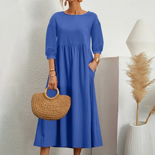 Round Neck Three Quarter Sleeve Babydoll Pocket Midi Dress 2