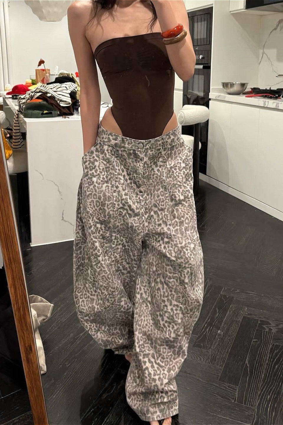 Vintage Distressed Leopard Wide-Leg Jeans