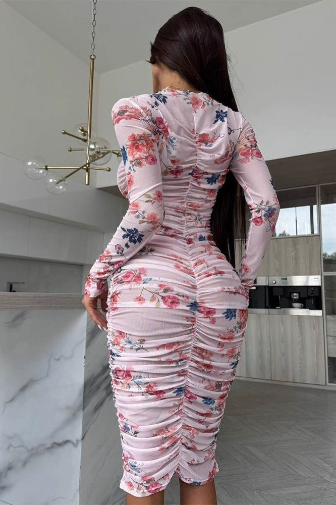 Printed Ruched Long Sleeve Midi Dress