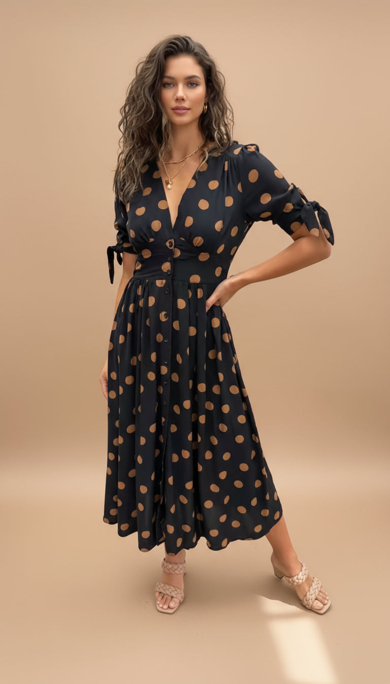 V-Neck Button Front Tie Sleeve Polka Dot A-Line Midi Dress