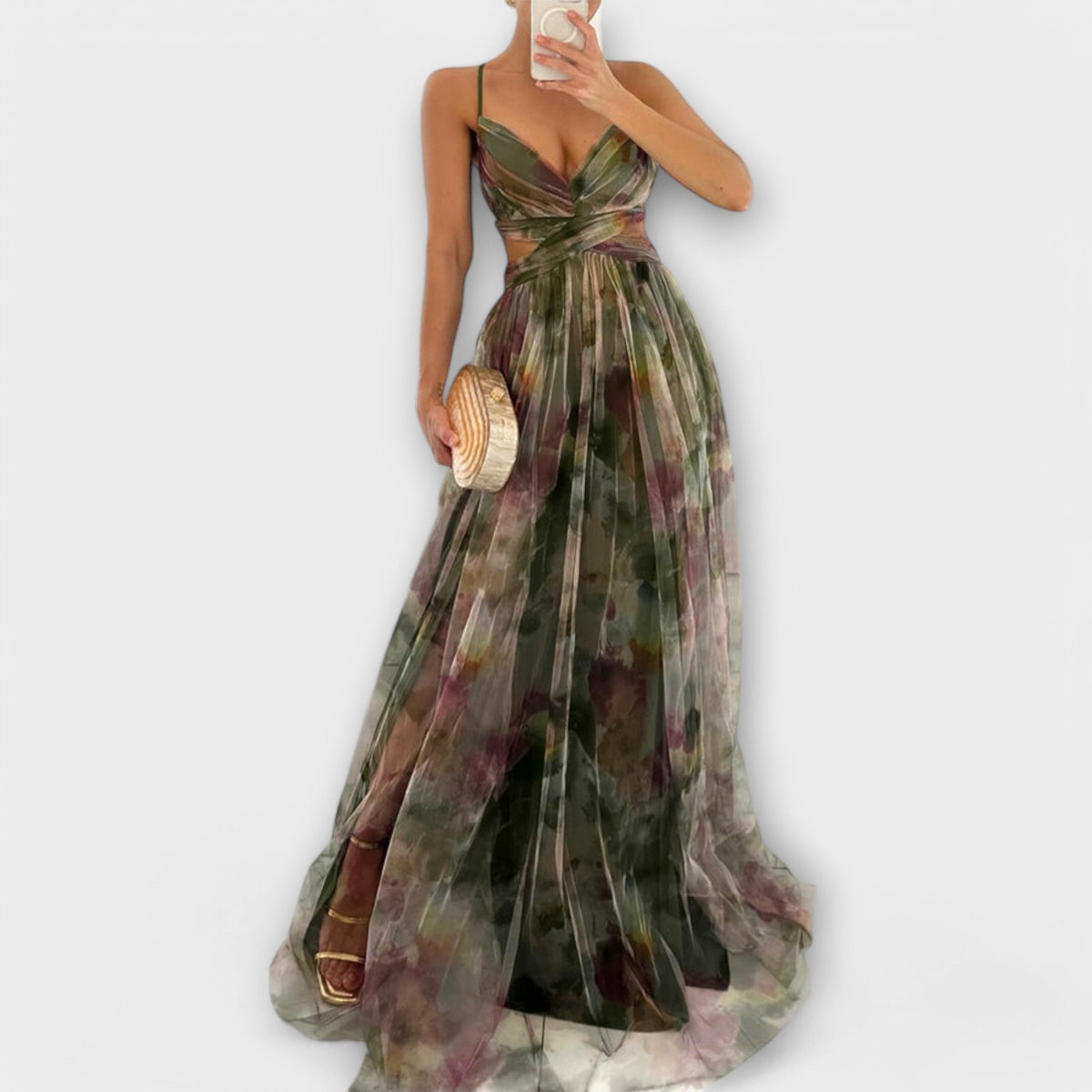 Spaghetti Strap V-Neck Watercolor Floral Tulle High Slit Maxi Gown 2