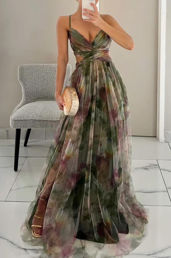 Spaghetti Strap V-Neck Floral Tulle Ruched Waist A-Line Maxi Dress