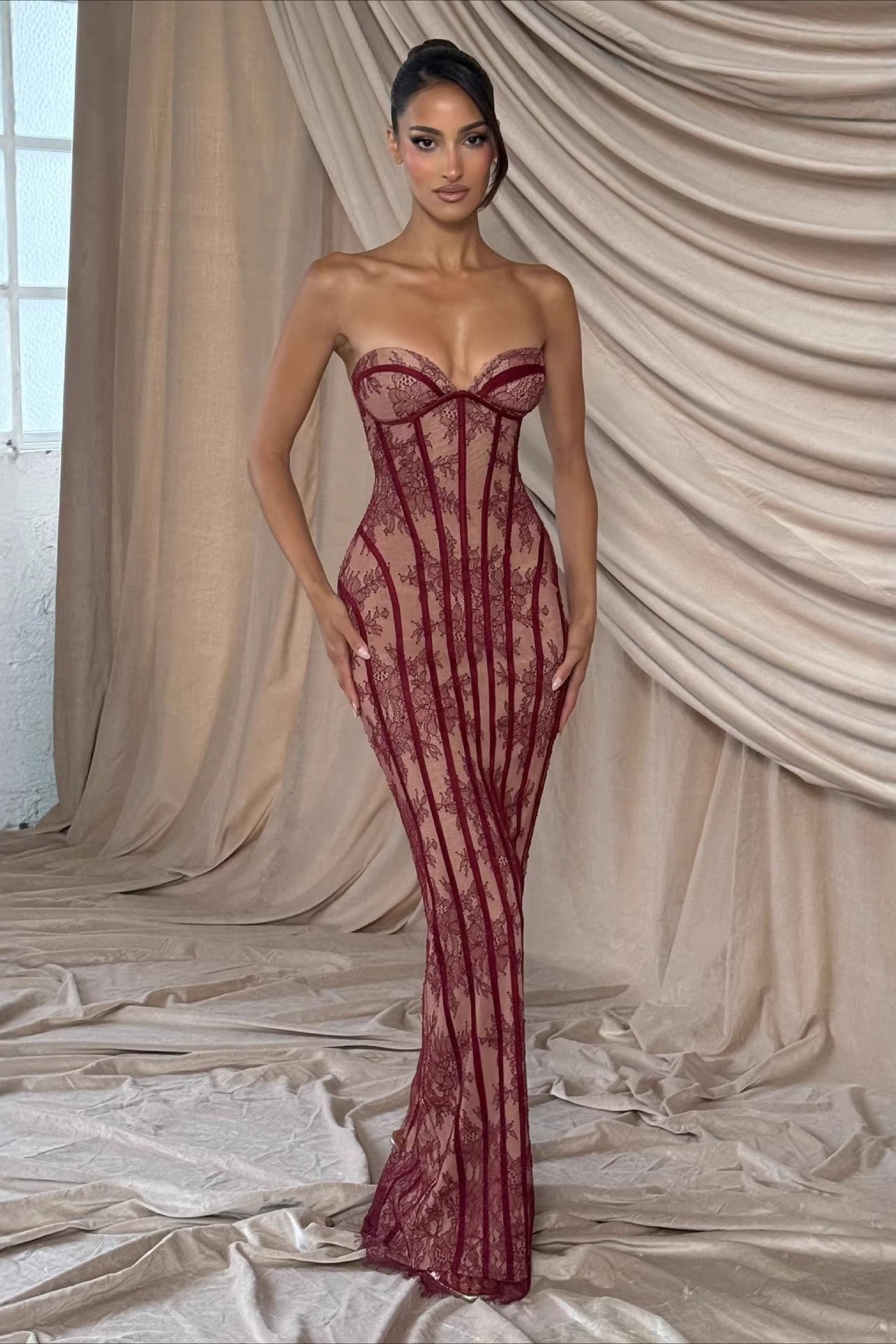 Lace Splice Tube Backless Maxi Slim Bodycon Dress