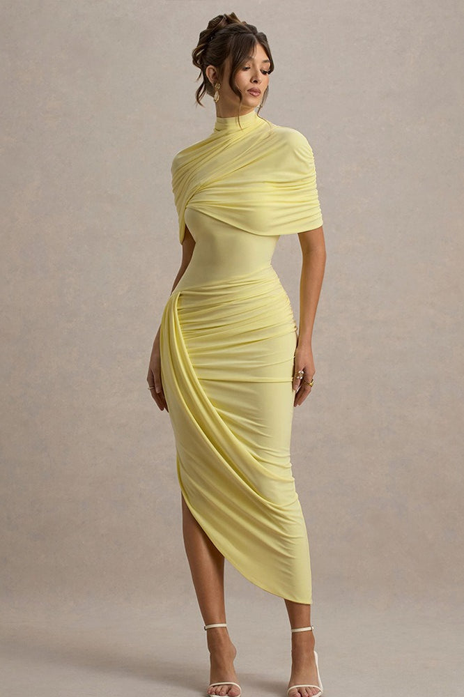 Solid Ruched Bodycon Cape Party Dress