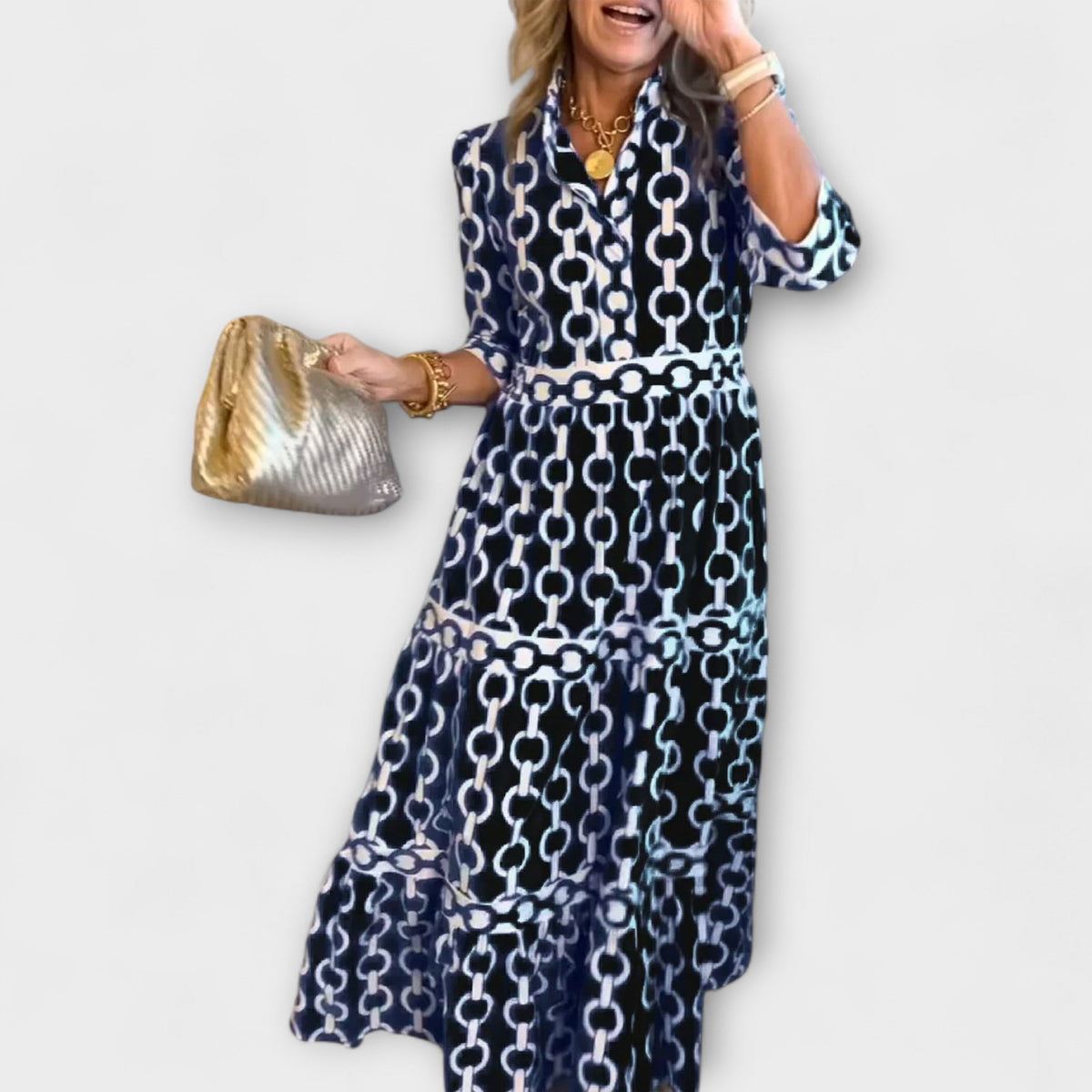 Collared Button Front Chain Print Three-Quarter Sleeve Tiered Maxi Dress