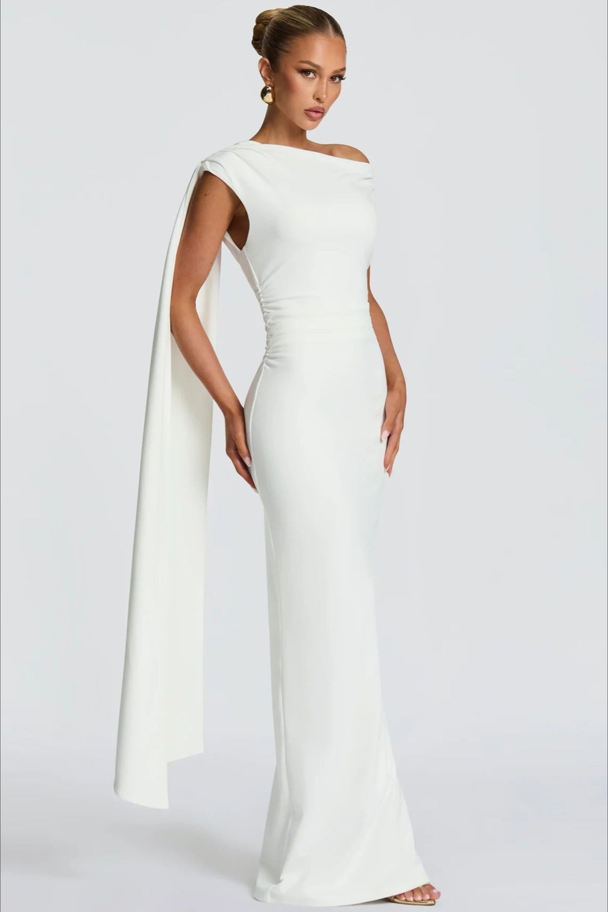 Sexy Asymmetrical Neck Long Sleeve Fitted Ruched High Waist Party Dress