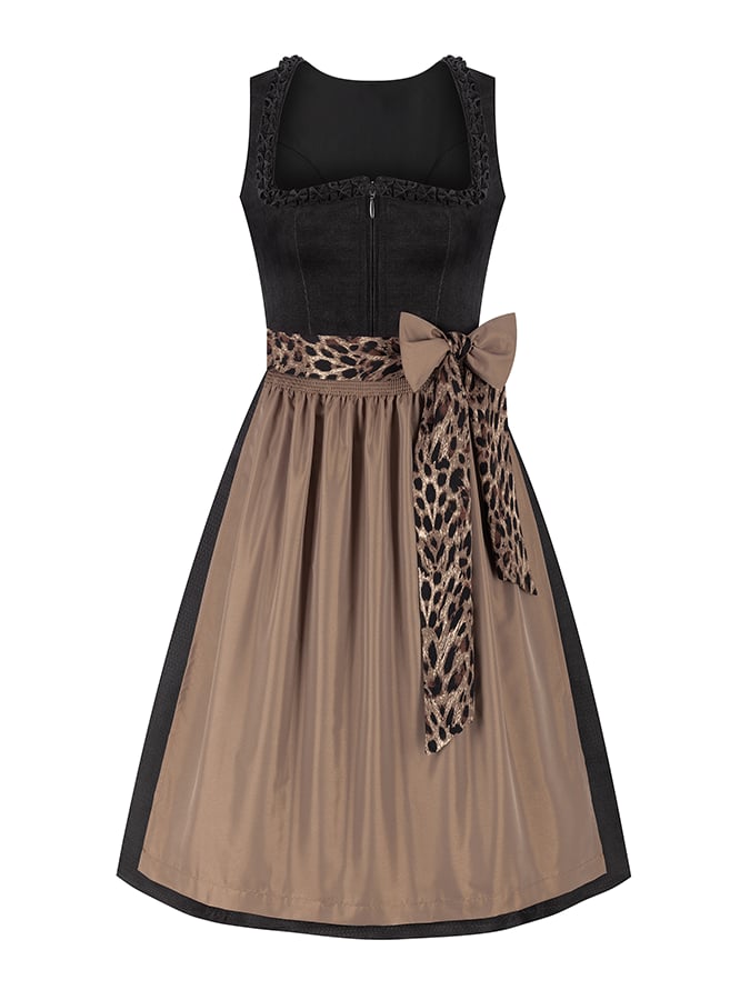 Square Neck Zip Front Leopard Bow Apron A-Line Midi Dress 4