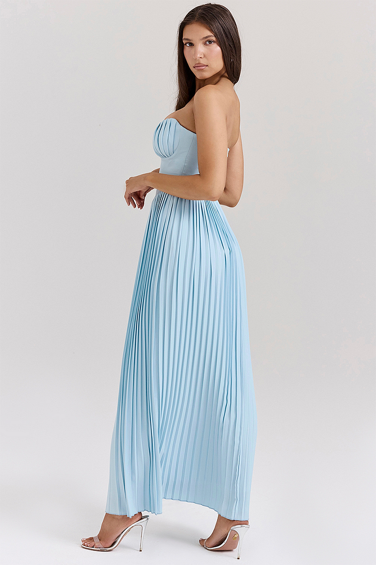 Strapless Sweetheart Corset Basque Waist Accordion Pleated Maxi Dress 3