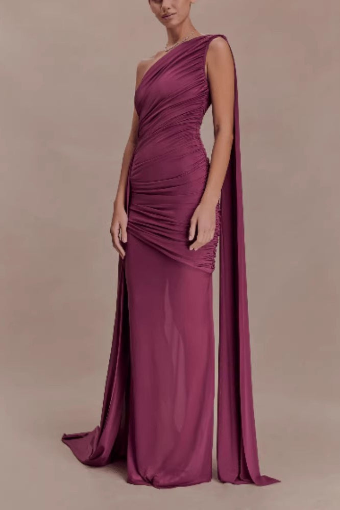 Elegant Mesh Paneled One Shoulder Cape Fitted Party Dress
