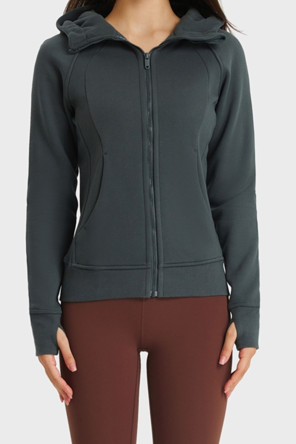 Zip Up Hooded Long Sleeve Thumbhole Fitted Sports Jacket