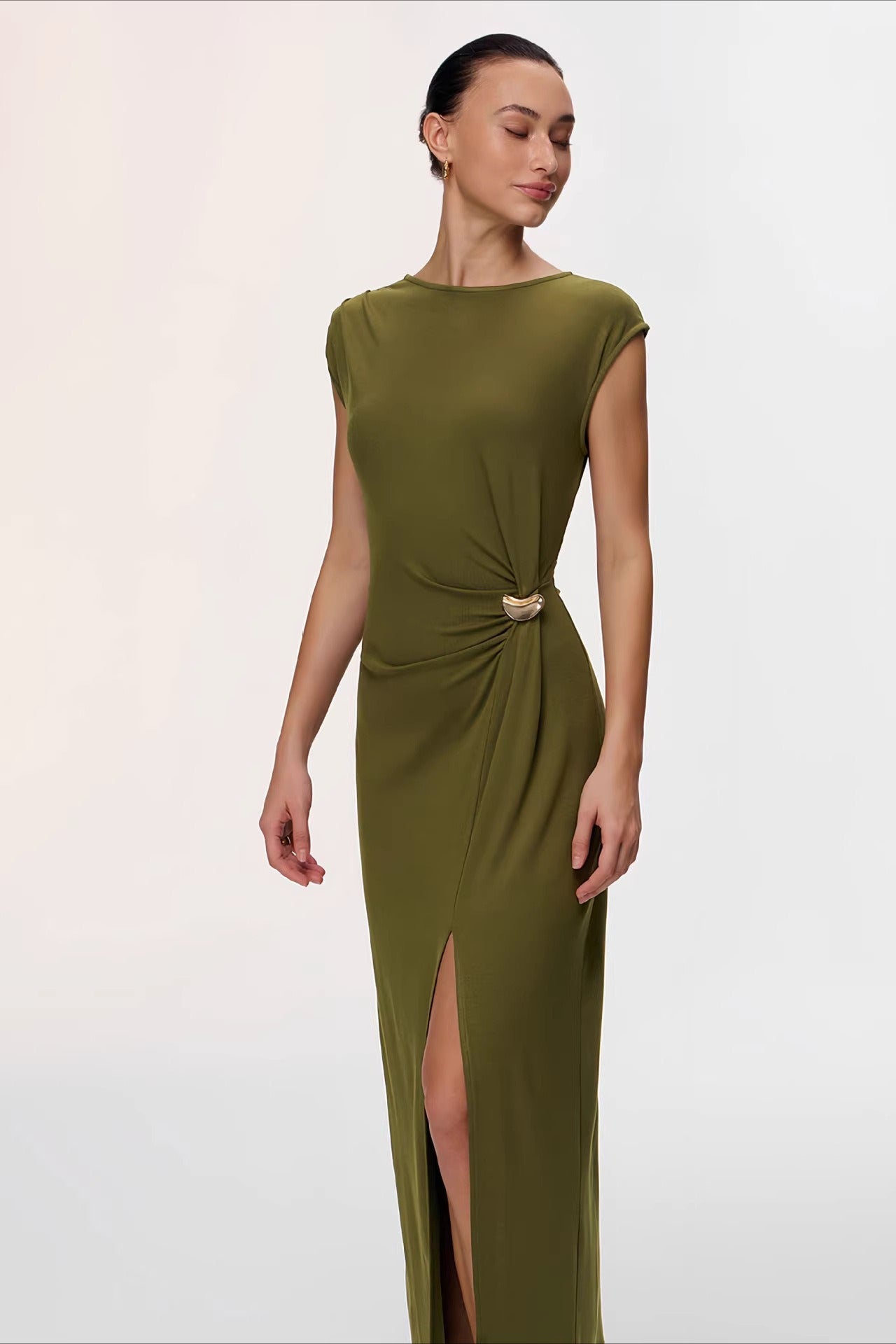 Slim Sleeveless Buckle High Slit Work Dress