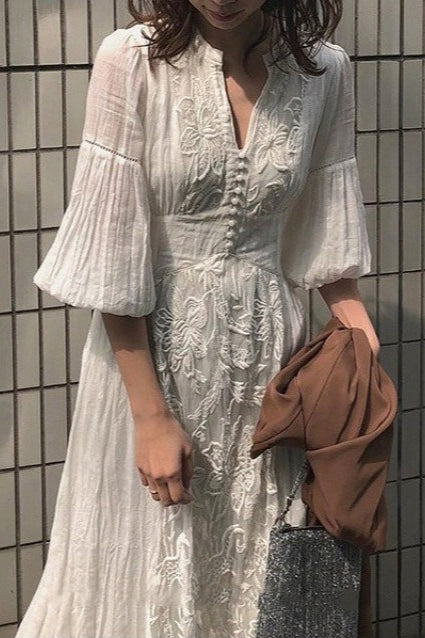Vintage Lace Panel VNeck Embroidered Boho Dress