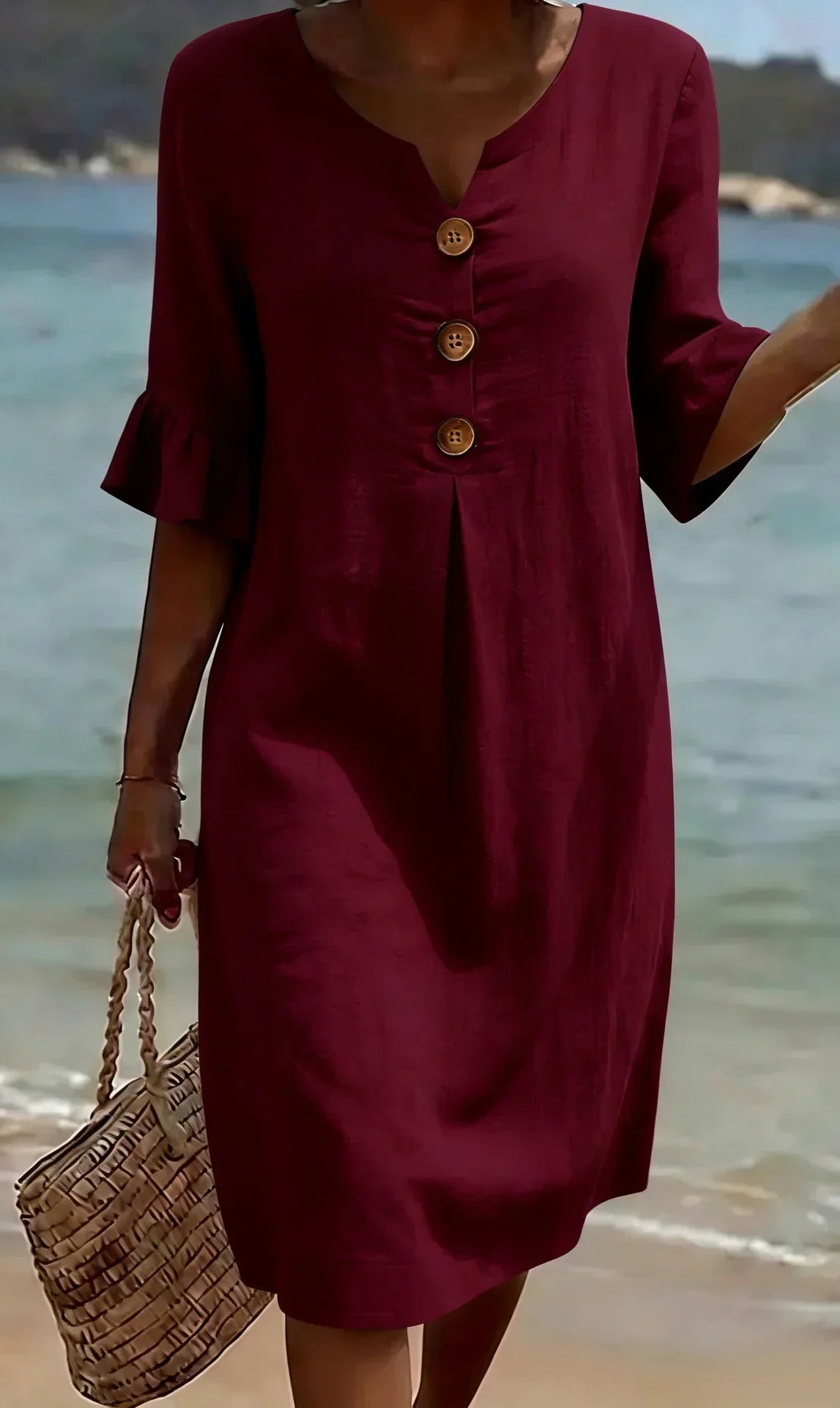 V-Neck Wooden Button Ruffle Sleeve Linen Shift Midi Dress 8