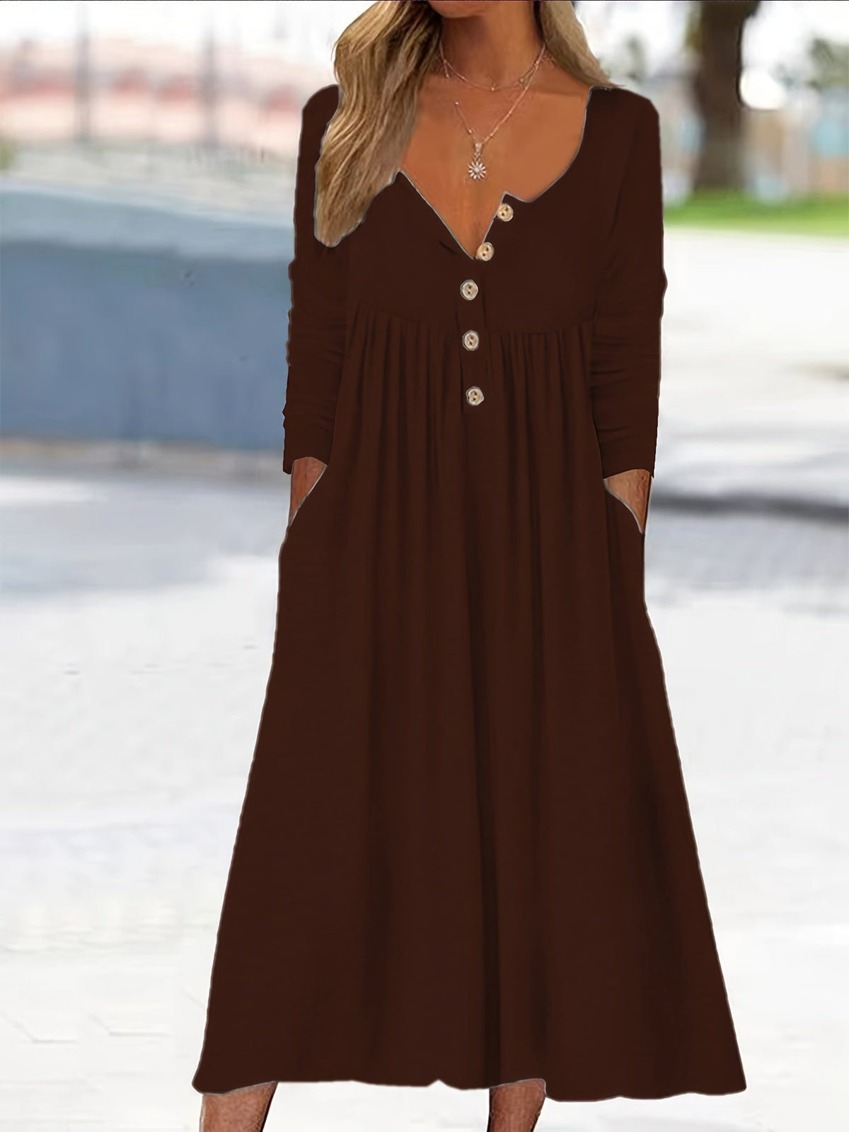 Henley Neck Button Front Long Sleeve Pocket A-Line Midi Dress
