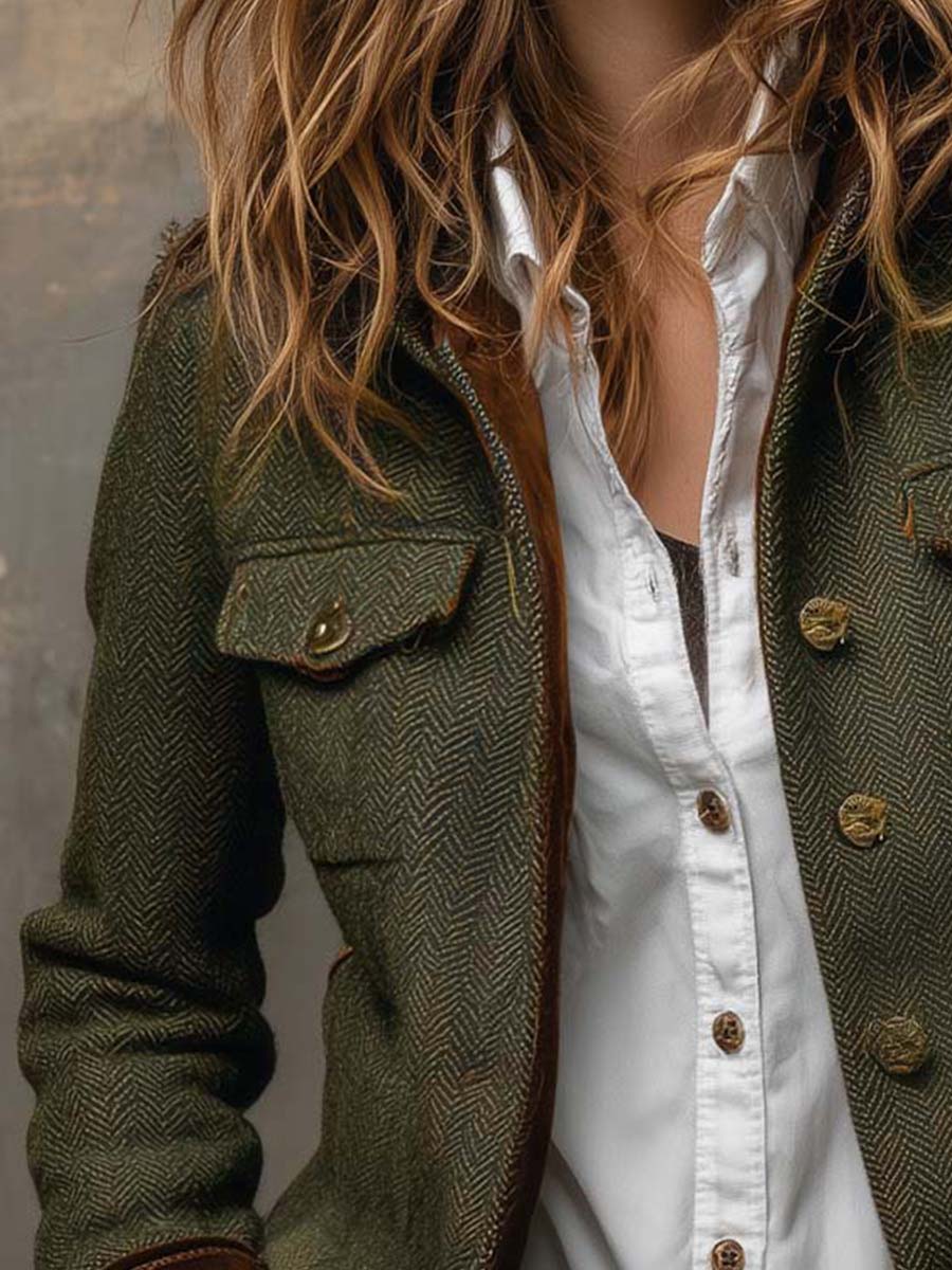 Olive Stand Collar Herringbone Tweed Contrast Cuff Button Front Jacket 4