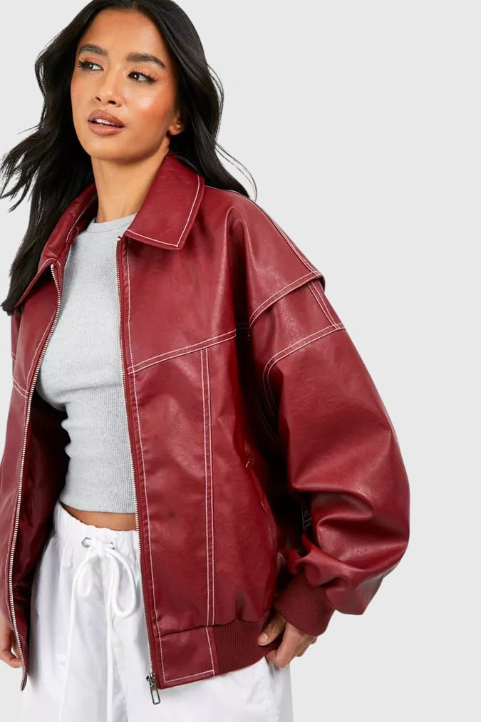 Red Spread Collar Contrast Stitch Oversized Leather Jacket