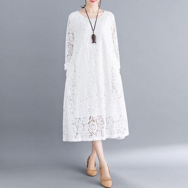 Plus Size O-neck Solid Color Dress Women Casual Lace Dress