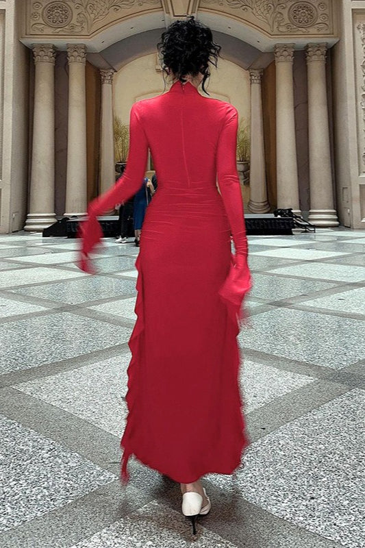 Ruffle Split Long Sleeve Maxi Dress