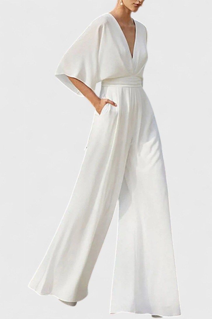 Deep V-Neck Cape Sleeve Wide Leg Jumpsuit