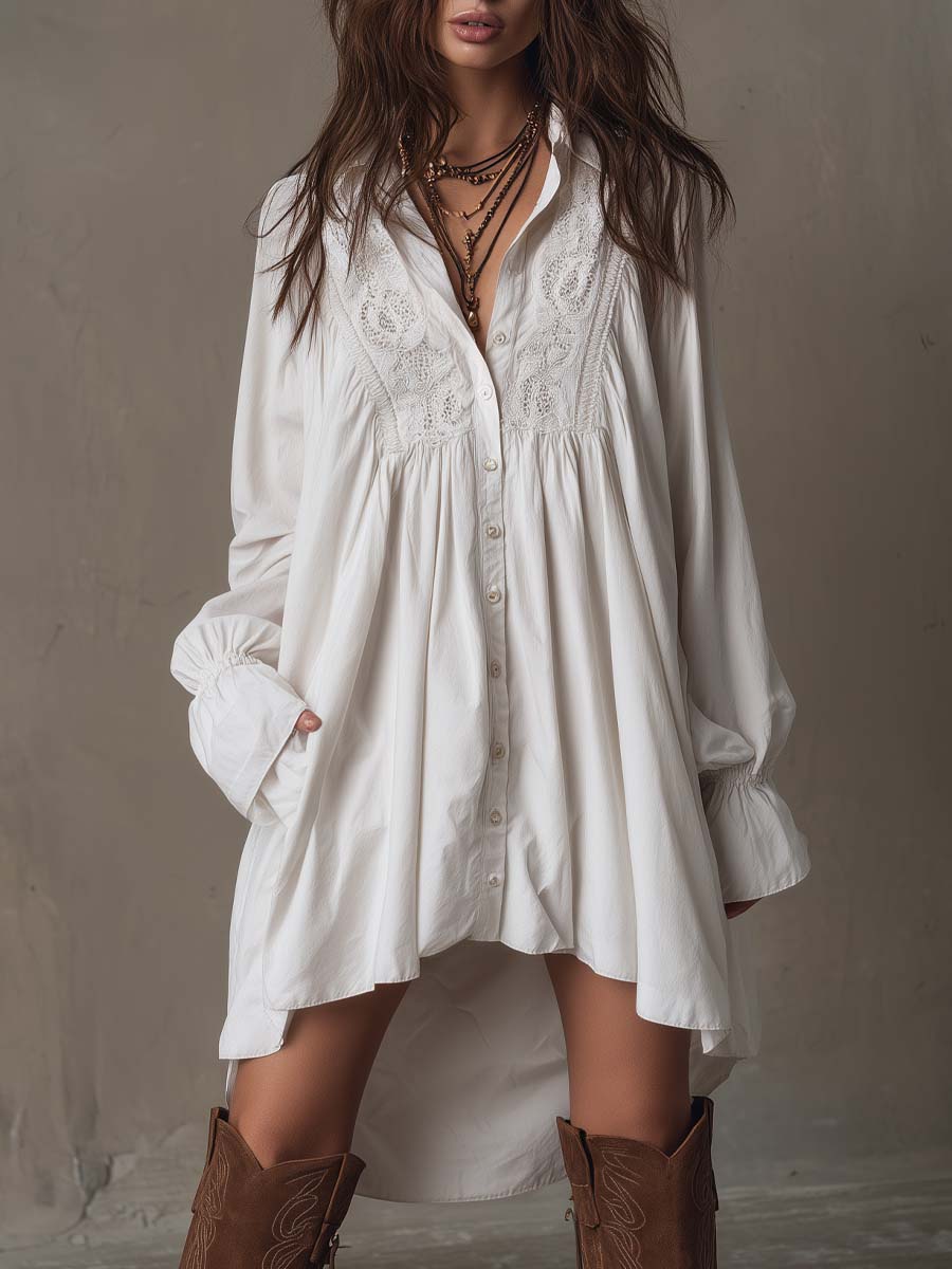 White Collared Lace Trim Button Front Long Sleeve Oversized Shirt Mini Dress