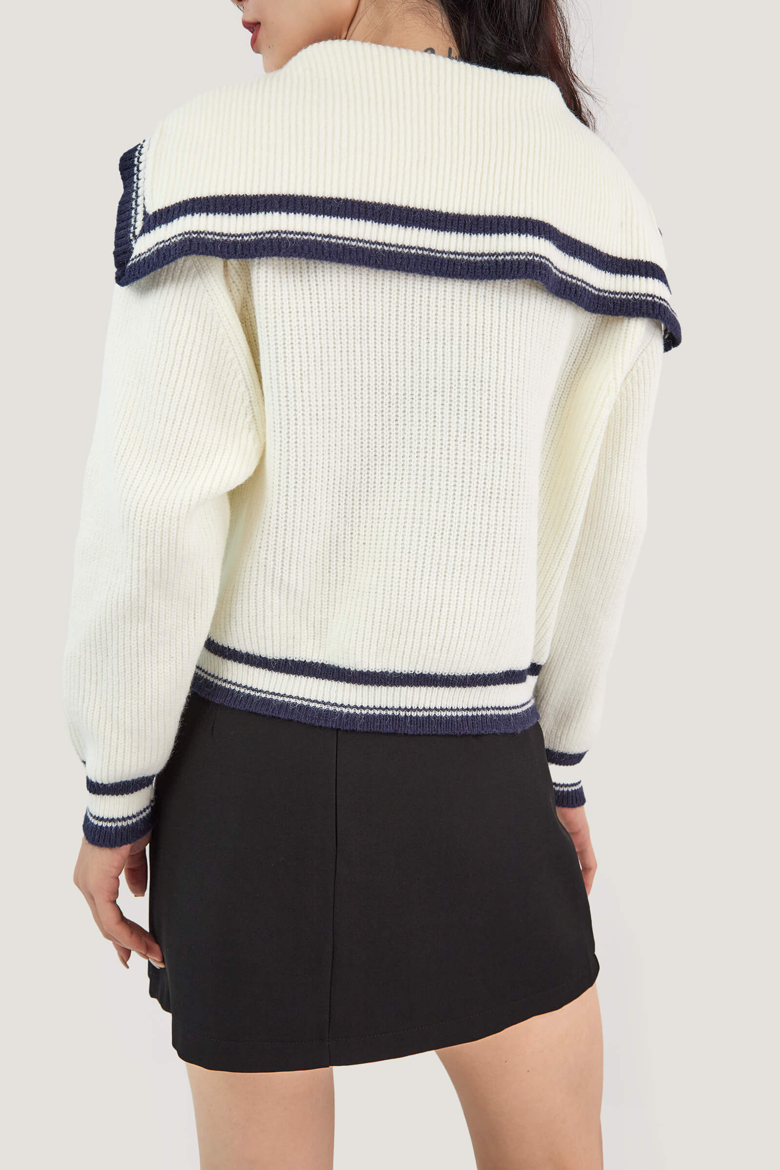 Ivory Sailor Collar Striped Trim Ribbed Cardigan