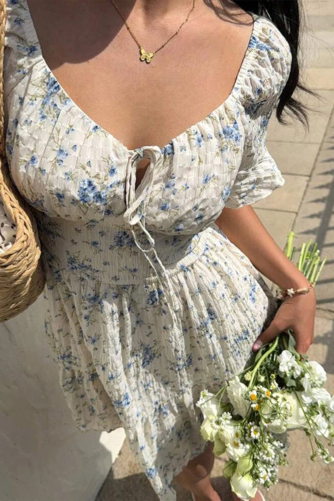 LaceUp VNeck Backless Floral Dress