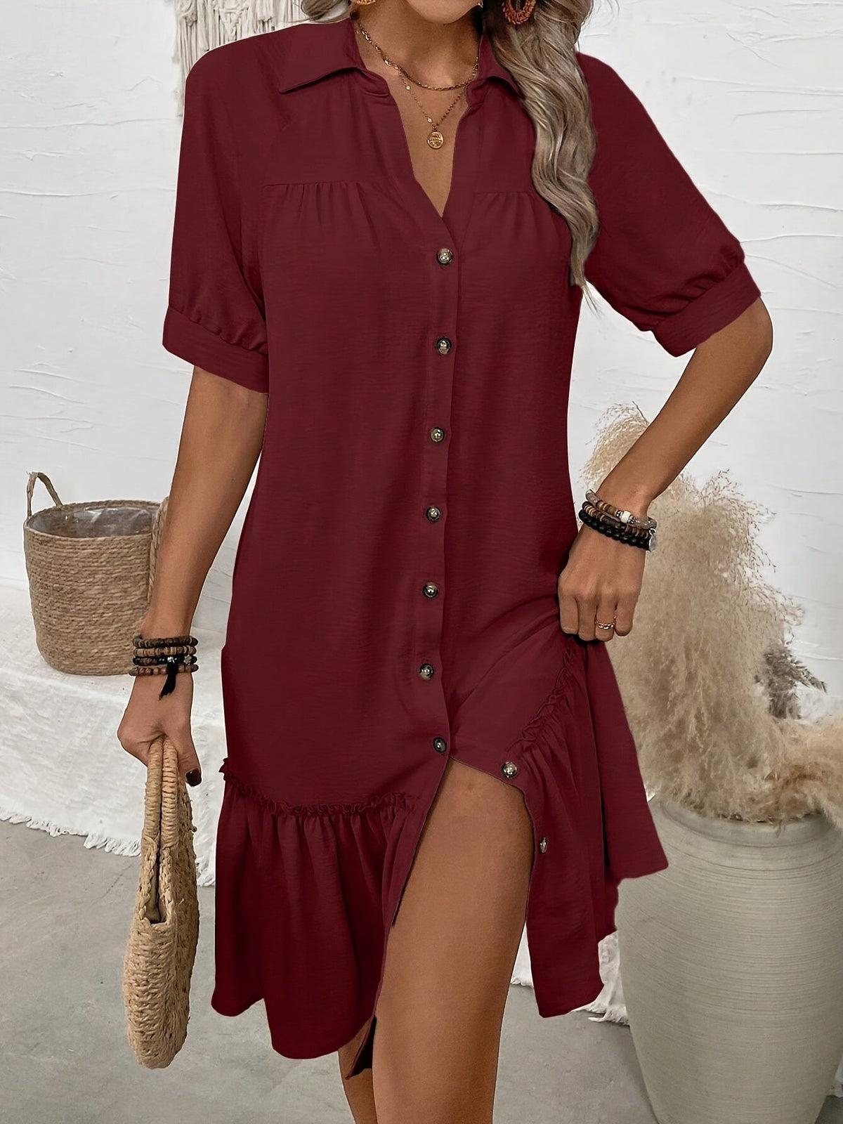 Collared Button Front Short Sleeve Ruffle Hem Shift Mini Dress 3