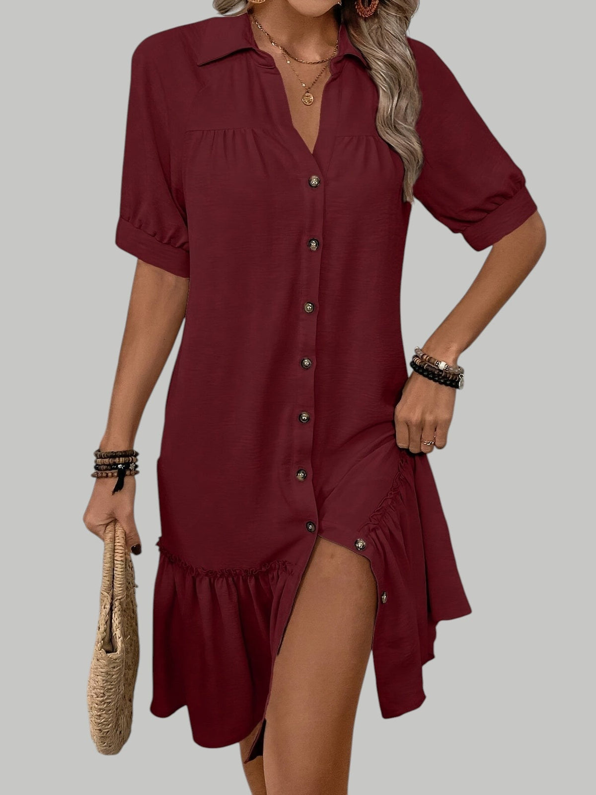 Collared Button Front Short Sleeve Ruffle Hem Shift Mini Dress