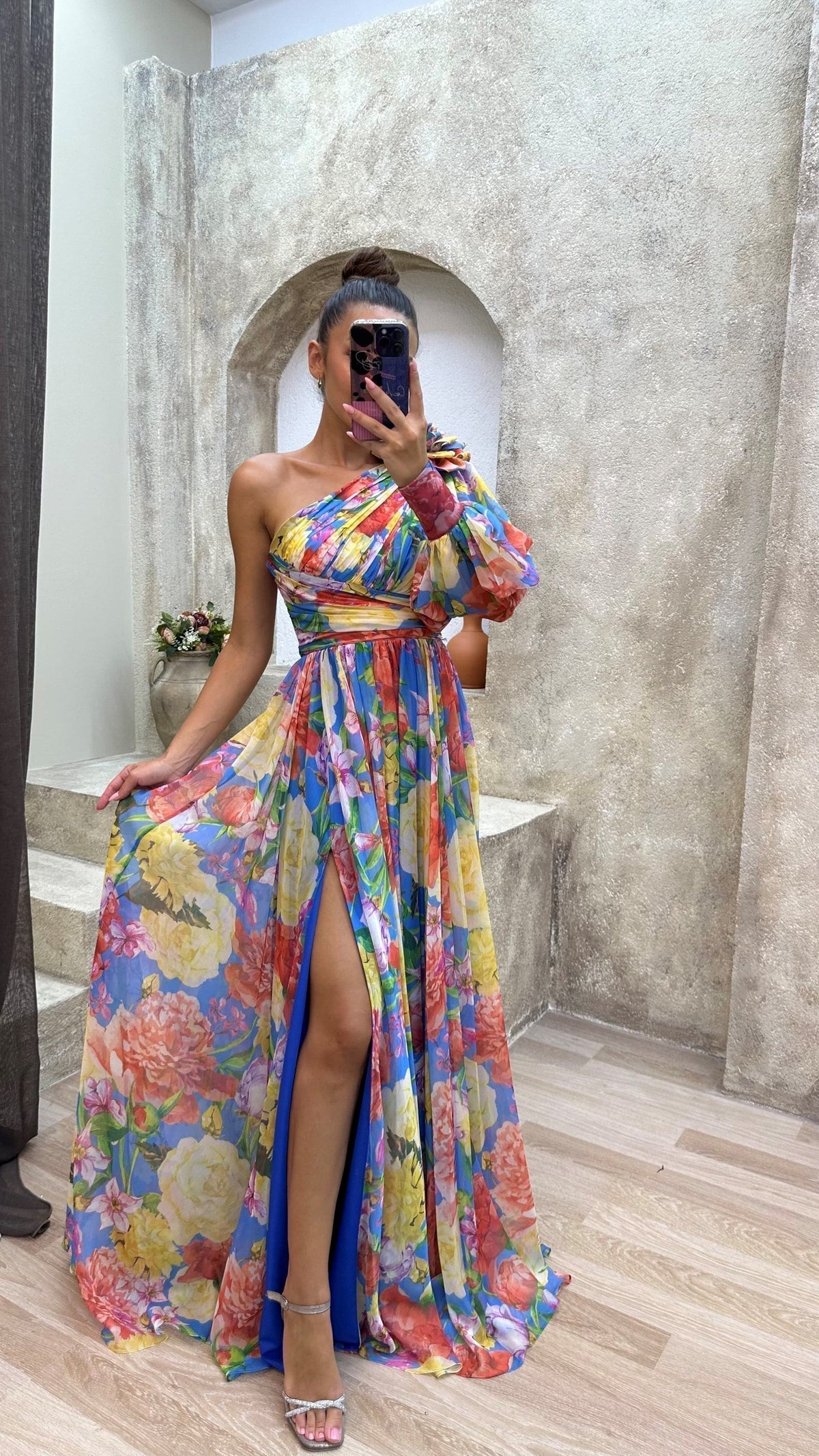 One-Shoulder Floral Chiffon High Slit Flowy Maxi Gown 3
