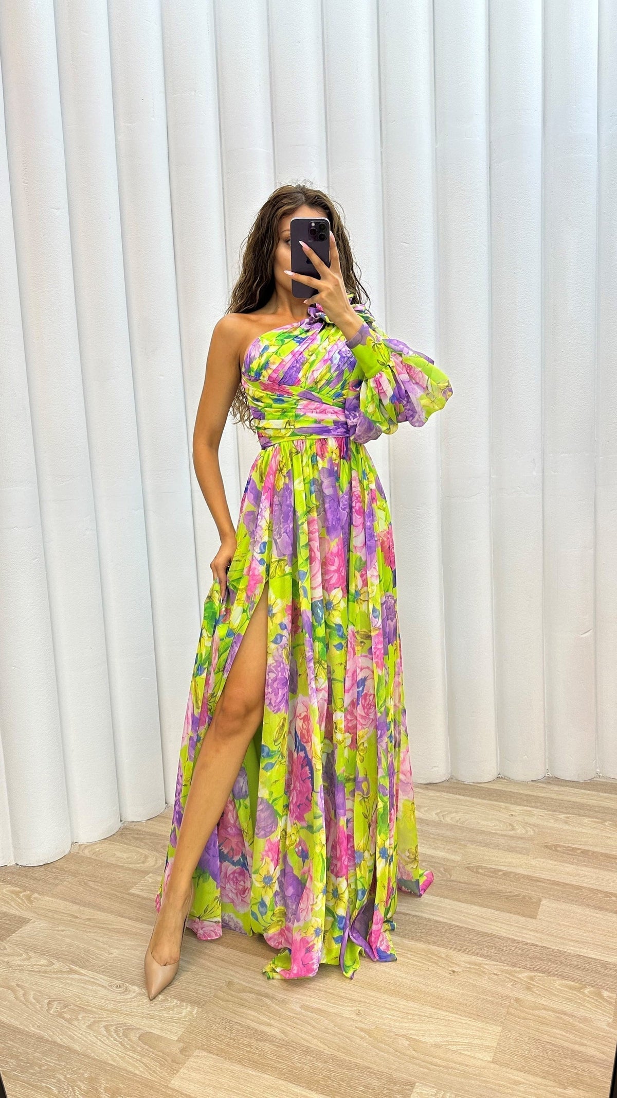 One-Shoulder Floral Chiffon High Slit Flowy Maxi Gown 4