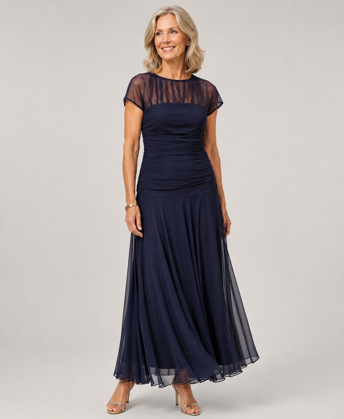 Illusion Mesh Yoke Short Sleeve Ruched Bodice Chiffon Maxi Gown